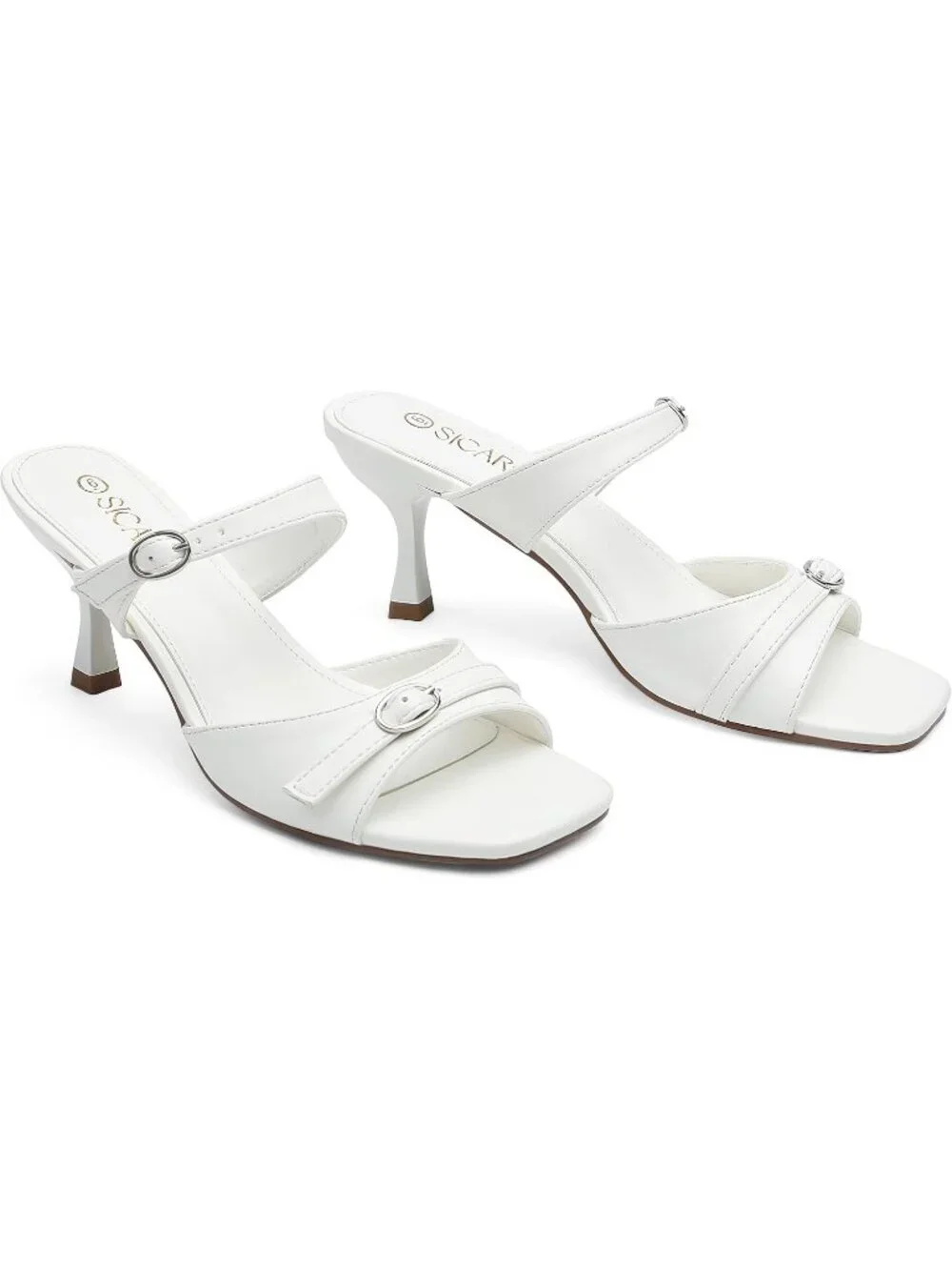Women's White Square Open Toe Low Kitten Heel Buckle Strap Casual Comfort Sandal